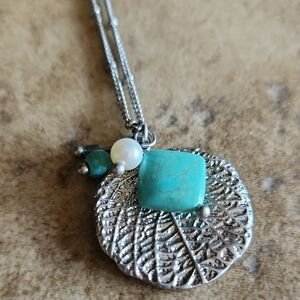 Lia Sophia Silver Colored Leaf Pendant Necklace with Turquoise and Pearl Accents